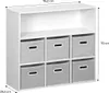 A white storage unit with six gray fabric boxes, with dimensions indicated by text. Anteprima dell’immagine prodotto