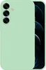 A light green phone case is shown from the back, with the phone's camera array visible on the left side. The right side of the image shows a dark background with curved lines, possibly representing a phone screen. Produktbild-Vorschau