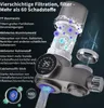 A close-up marketing image of a water filter attachment for a faucet, showing its multi-stage filtration system and digital display. Produktbild-Vorschau