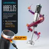A cordless hand blender is shown with fruit and liquid splashing around it, against a light blue background. Text overlays highlight features and specifications. Produktbild-Vorschau