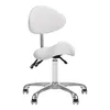A white saddle chair with a backrest and a chrome base with wheels, photographed against a white background. Produktbild-Vorschau