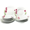 A set of white porcelain dinnerware with red tulip decorations, stacked and arranged against a white background. Náhľad obrázku produktu