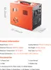 An orange and black air compressor with dimensions and product information displayed. Produktbild-Vorschau