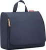A navy blue toiletry bag with a gold zipper and a small red brand tag. Anteprima dell’immagine prodotto