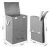 A laundry basket is shown in two states: open and folded, with dimensions indicated. Podgląd zdjęcia produktu