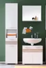 A modern bathroom with white furniture and a green wall. Produktbild-Vorschau