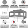 Diagram of a gray pop-up tent with callouts highlighting its features. Voir les images du produit