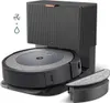 A robot vacuum cleaner and its charging/emptying station are shown against a white background. Voir les images du produit