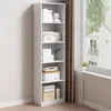 A white, tall, narrow bookshelf filled with various items, placed next to a window with curtains. Produktbild-Vorschau