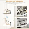 Diagrams and close-up shots illustrating the adjustable and removable separator feature of a shoe rack, along with images of shoes placed on shelves. Produktbild-Vorschau