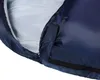 A close-up view of the zipper and interior lining of a dark blue sleeping bag. Produktbild-Vorschau