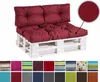 A pallet sofa with cushions, with a close-up of the fabric texture. Voir les images du produit