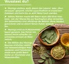 A green background with text and an image of moringa leaves and powder in wooden bowls. Produktbild-Vorschau