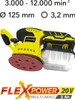 A yellow and black cordless orbital sander with a dust collector is shown against a white background. Text overlays provide product specifications and branding. Produktbild-Vorschau