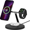 A black Belkin MagSafe 3-in-1 wireless charger with a black iPhone, black Apple Watch, and white AirPods Pro charging case. The iPhone and Apple Watch are both charging. Podgląd zdjęcia produktu