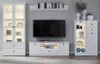 A modern living room setup with a TV, media console, and display cabinets. Produktbild-Vorschau