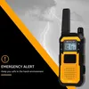 A walkie-talkie is shown against a background of lightning and stormy clouds, with text highlighting its emergency alert capabilities. Produktbild-Vorschau