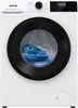A front-loading washing machine with a black door, a control panel with a digital display, and a load of blue laundry inside the drum. Produktbild-Vorschau