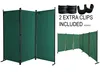 A green fabric room divider is shown in two configurations: a three-panel unit and a longer, multi-panel unit. There are also images of black clips. Produktbild-Vorschau
