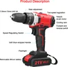 A diagram of a red and black cordless drill with labels pointing out its features. Náhled obrázku produktu
