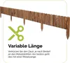 A wooden garden border fence is shown with a graphic of scissors and text indicating variable length. Voir les images du produit