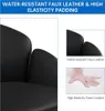 Close-up shots of a black chair's material and padding, with text overlays highlighting features. Produktbild-Vorschau