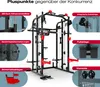 A detailed marketing image of a Smith machine, highlighting its features with callouts and close-up views. Produktbild-Vorschau