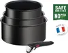 A set of three black pots and a detachable handle, with marketing badges on the right. Voir les images du produit