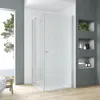 A modern bathroom with a glass shower enclosure, white tiled walls, and a large window overlooking the sea. Produktbild-Vorschau