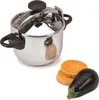 A stainless steel pressure cooker is shown on a white background, with slices of butternut squash and an eggplant next to it. Produktbild-Vorschau