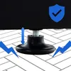 A close-up of a black adjustable foot on a metal shelf unit, with blue graphic overlays indicating adjustability and stability. Podgląd zdjęcia produktu