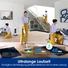 Multiple scenes of people using a cordless vacuum cleaner in a modern home setting, with text overlays highlighting features and benefits. Produktbild-Vorschau