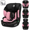 A black and pink car seat is shown from the front, with smaller images of the car seat in different configurations on the right side. An ISOFIX symbol is in the top left corner. Podgląd zdjęcia produktu
