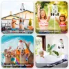 Collage of four images showing a rocket-shaped water sprinkler toy being used by children in different settings: backyard, outdoors, pool party, and bathtub. Produktbild-Vorschau