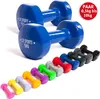 A collection of dumbbells of various colors and weights, with two larger blue dumbbells in the foreground and a row of smaller, brightly colored dumbbells behind them. Produktbild-Vorschau
