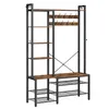 A metal and wood coat rack with shelves and a bench. Náhled obrázku produktu