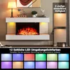 A modern white electric fireplace with a realistic flame effect, displayed with various LED ambient lighting options and text highlighting its features. Anteprima dell’immagine prodotto