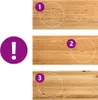 Three wooden surfaces are shown with numbered circles indicating areas of interest, alongside a purple exclamation mark icon. Podgląd zdjęcia produktu