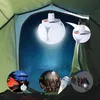 Inside a tent at night, with a starry sky visible through the opening. A solar lantern is hanging and illuminated. Several circular insets show different outdoor scenes and people using the lantern. Anteprima dell’immagine prodotto