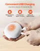 Hands holding a white round device with an orange circular pattern and a lightning bolt symbol, while a USB cable is being plugged into it. Produktbild-Vorschau