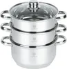 A stainless steel steamer pot with a glass lid, stacked in three tiers. Produktbild-Vorschau