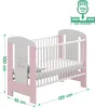 A pink and white baby crib with dimensions indicated. Produktbild-Vorschau
