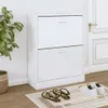 A white shoe cabinet with two drawers is shown in a room, with a plant to the left and a door to the right. Shoes are placed on a rug in front of the cabinet. Produktbild-Vorschau