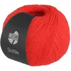 A ball of red yarn with a black label. Produktbild-Vorschau