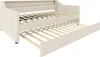 A beige upholstered daybed with a pull-out trundle bed, both showing wooden slats. Anteprima dell’immagine prodotto
