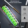 Close-up of an e-bike battery pack with glowing green cells, set against a dark background. Text overlays provide product specifications. Produktbild-Vorschau