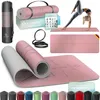A collage of images showcasing a pink yoga mat and its accessories, including a carrying case, straps, and a poster with yoga poses. One image shows a woman performing a yoga pose on the mat. Produktbild-Vorschau