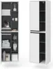 A tall, narrow cabinet with multiple shelves and two doors, displayed in two views: one showing the open interior and the other showing the closed exterior. Náhled obrázku produktu