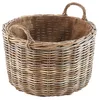A round rattan basket with handles, lined with burlap, against a white background. Náhled obrázku produktu