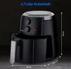 A black air fryer with dimensions indicated by text overlays. Produktbild-Vorschau